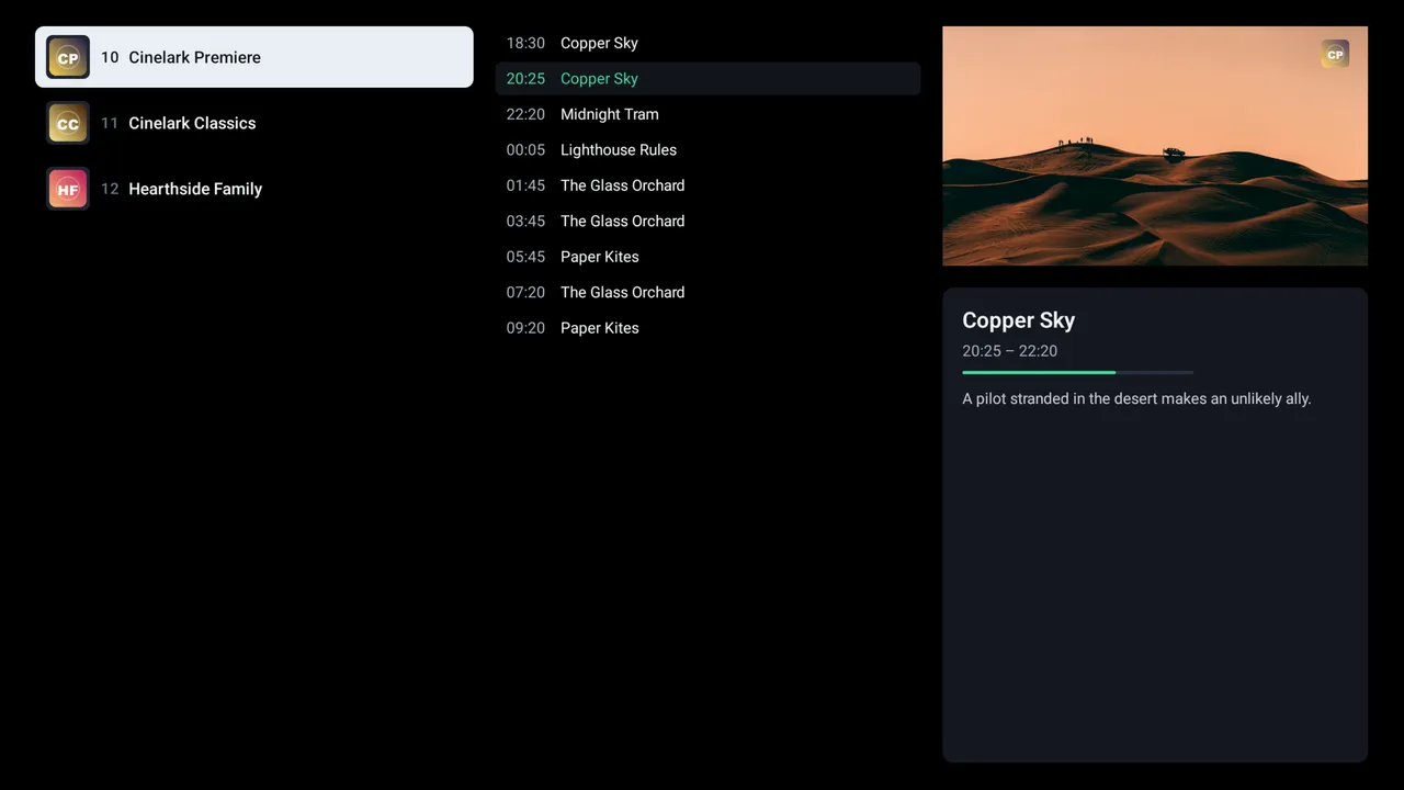 Channel list with the selected channel's programme schedule and a preview of the current programme