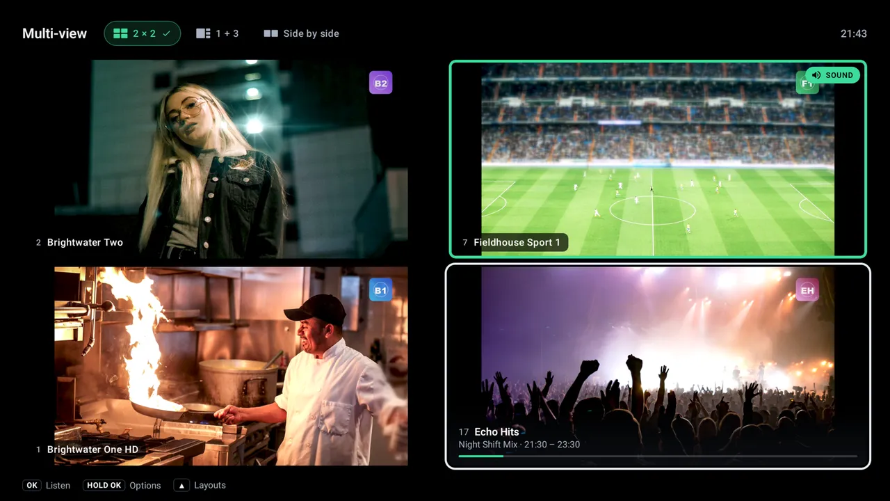 Multi-view with four channels in a 2×2 grid; the highlighted pane is the one you can hear